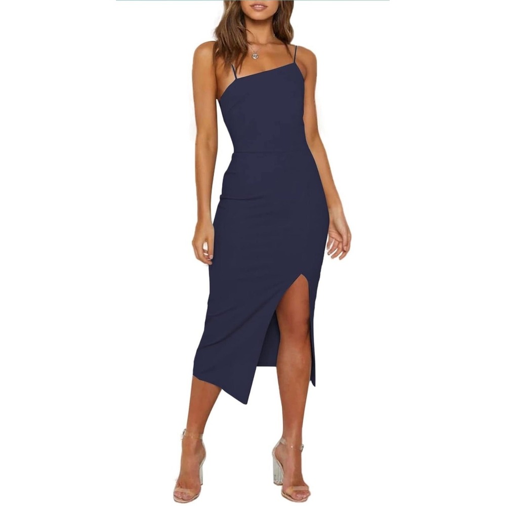 Lyaner Navy Blue Spaghetti Strap Side Slit Bodycon Midi Dress Large